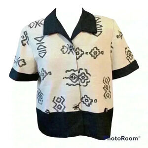 Beige and Black Short Sleeve Patterned Button-Up Top